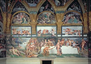 Das rustikale Bankett zur Feier der Hochzeit von Amor und Psyche, mit den drei Lünetten darüber, die eine von Psyches Prüfungen darstellen, um aus der Unterwelt ein Gefäß mit der Schönheit von Proser von Giulio Romano