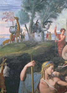 Das edle Bankett zur Feier der Hochzeit von Amor und Psyche, Detail (Kopf von Apollo mit einer Prozession exotischer Tiere im Hintergrund) von Giulio Romano