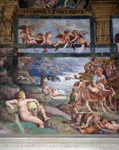 Hochzeitsfest oder Bankett der Götter, Fresko von Giulio Romano (1499-1546), Westwand der Kammer von Amor und Psyche, Palazzo Te, Mantua (UNESCO-Welterbeliste, 2008), Lombardei, Italien