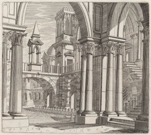 Architektonische Fantasie mit Gebäuden, Treppen und Portalen an einem Kanal