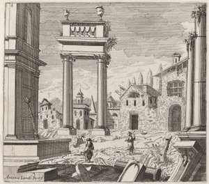 Architektonische Fantasie mit klassischen Ruinen und volkstümlichen Gebäuden