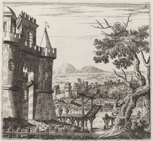 Landschaft mit Schloss und Zugbrücke
