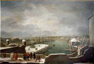 Ansicht des Hafens von Genua, bedeckt mit Schnee