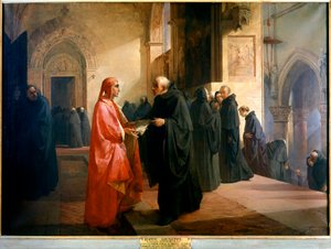 Dante Alighieri überreicht Bruder Ilario ein Notizbuch mit einem Teil der Göttlichen Komödie