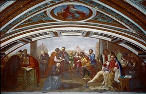 Galileo Galilei demonstriert das Gesetz über den Fall und die Schwerkraft während einer öffentlichen Vorlesung in Pisa. Gemälde von Giuseppe Bezzuoli