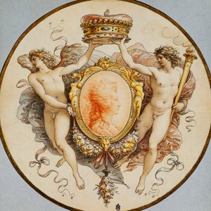 Ovales Porträt einer Frau im Profil mit dekorativem Rand aus Grotesken und Girlanden, flankiert von allegorischen Figuren des Ruhms und des Sieges, die eine Krone halten