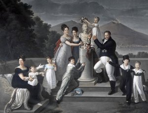 (Familie von König Francesco I. der beiden Sizilien). Von links nach rechts: Maria Isabella di Borbone-Spanien (zweite Frau von Francesco I.), Maria Carolina Ferdinanda, Maria Antonietta Großherzogin der Toskana, Luisa Carlotta, Maria Cristina Königin von  von Giuseppe Cammarano