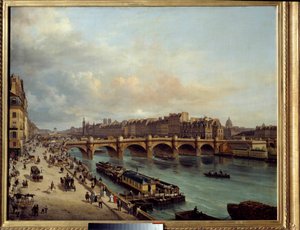 Die Stadt und die Pont Neuf vom Quai du Louvre aus gesehen. Im Vordergrund ein Bootswäscherei und die große Aktivität an den Ufern der Seine. Gemälde von Canella Giuseppe Canella l