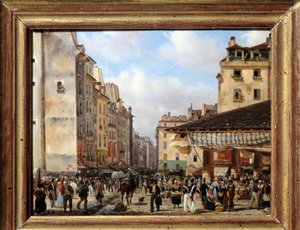 Les Halles und die Rue de la Tonnellerie im Jahr 1828: Ansicht von Paris im 19. Jahrhundert. Gemälde von Giuseppe Canella (1788-1847) von Giuseppe Canella