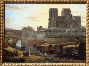 Die Saint-Charles-Brücke, das Hôtel-Dieu, das Erzbistum und Notre Dame gesehen vom Quai de la Tournelle in Paris. Gemälde von Giuseppe Canella (1788-1847)