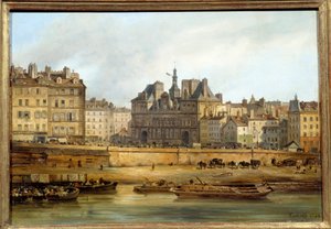 Das Rathaus und der Place de Grève gesehen von der Île de la Cité in Paris. Gemälde von Giuseppe Canella (1788-1847)