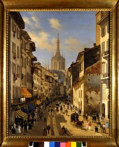 Ansicht der Corsia dei Servi (heutiger Corso Vittorio Emanuele) in Mailand. Gemälde von Giuseppe Canella (1788-1847) 1834 Mailand, Museum von Mailand