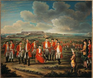 Lady Louisa Lennox mit dem Regiment ihres Mannes, 25. Regiment zu Fuß, mit Lord George Lennox neben ihr und Fort St. Philip, Port Mahon, im Hintergrund, ca. 1771