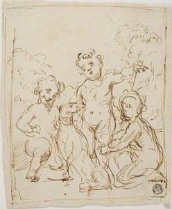 Drei Putti und Hund in einer Landschaft