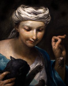 Kleines Mädchen spielt mit einer Katze und einer toten Maus (Detail)