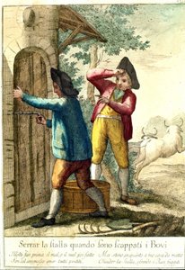 „Es hat keinen Sinn, den Stall zu schließen, wenn die Pferde entkommen sind.“ Gravur des 18. Jahrhunderts, die eine Reihe von Sprichwörtern illustriert. Giuseppe Piattoli (1740/50-1818)