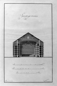 Architektonischer Schnitt des Theaters La Scala von Giuseppe Piermarini (1734-1808) um 1776-1778 Mailand, Italien (Architektur-Schnittzeichnung des Theaters alla Scala von Piermarini, Mailand, Italien) Stich von Giuseppe Piermarini