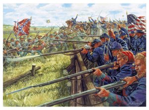 Amerikanischer Bürgerkrieg: Schlacht zwischen den Grauen (Soldaten der Konföderation) und den Blauen (Soldaten der Union) - Illustration von Giuseppe Rava von Giuseppe Rava