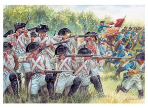 Amerikanischer Unabhängigkeitskrieg: französische Regimenter kämpfen mit Amerikanern - Illustration von Giuseppe Rava