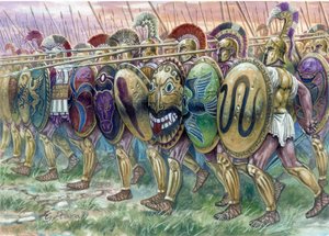Antikes Griechenland: der Angriff der Hopliten, griechische Infanteristen - Illustration von Giuseppe Rava