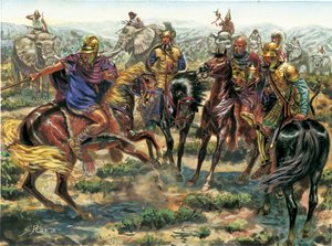 Antikes Rom: Revolte von Amsicora (Hampsicora oder Ampsicora) (3. Jahrhundert v. Chr.) Latifundist Karthager gegen römische Macht 215 v. Chr. - Illustration von Giuseppe Rava