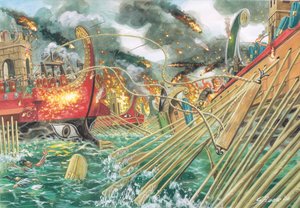 Antikes Rom: die Schlacht von Actium zwischen den Truppen von Octavian und den vereinten Kräften von Marcus Antonius und Kleopatra VII. am 2. September 31 v. Chr. - Illustration von Giuseppe Rava