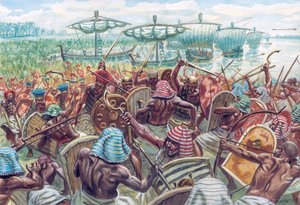 Antikes Ägypten: Die Schlacht im Delta war eine Seeschlacht zwischen Ägypten und den Seevölkern um 1175 v. Chr., als der ägyptische Pharao Ramses III. eine große Seeinvasion abwehrte - Illustration von Giuseppe Rava von Giuseppe Rava