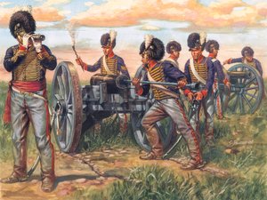 Erstes Kaiserreich: englische Artilleriesoldaten laden eine Kanone in der Schlacht von Waterloo im Jahr 1815 - Illustration von Giuseppe Rava