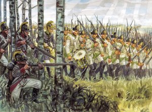Erstes Kaiserreich: Soldaten der österreichischen Infanterie im Vormarsch um 1798 - 1805 - Illustration von Giuseppe Rava