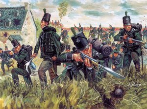 Napoleonische Kriege: Britische Scharfschützen des 95. Regiments verteidigen einen Sandsteinbruch in der Schlacht von Waterloo am 18. Juni 1815 (Illustration von Giuseppe Rava)