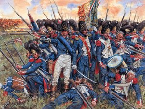 Napoleonische Kriege: Die Große Armee in der Schlacht von Waterloo am 18. Juni 1815 in die Enge getrieben (Illustration von Giuseppe Rava)