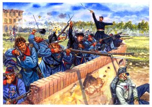 Risorgimento, Erster Italienischer Unabhängigkeitskrieg, italienische Studenten während der Schlacht von Curtatone und Montanara am 29.05.1848 - Illustration von