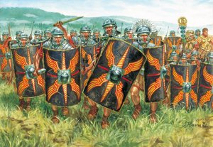 Römische Antike: Eine Gruppe römischer Legionäre (Illustration von Giuseppe Rava)