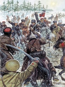 Russischer Bürgerkrieg (1917-1923): Kaukasische Soldaten an der Seite der Weißen Armeen im Jahr 1919 - Illustration von Giuseppe Rava von Giuseppe Rava