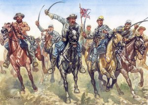 Sezessionskrieg (1861-1865) - Amerikanischer Bürgerkrieg: die konföderierte Kavallerie im Angriff - Illustration von Giuseppe Rava