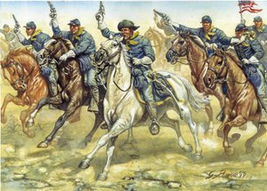 Sezessionskrieg (1861-1865): Soldaten der nördlichen Kavallerie (Union) während einer Schlacht - Amerikanischer Bürgerkrieg: Soldaten der Kavallerie des Nordens (Union) während einer Schlacht - Illustration von Giuseppe Rava von Giuseppe Rava