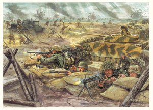 Zweiter Weltkrieg: Schlacht von Kursk 1943 zwischen deutschen und sowjetischen Truppen (Illustration von Giuseppe Rava)