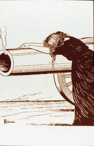 Erster Weltkrieg: eine Allegorie des Krieges, eine Frau, wahrscheinlich Witwe, in Verzweiflung, lehnt sich an eine noch rauchende Kanone. Plakat von Giuseppe Scalarini (1873-1948) 1914