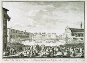 Festa della Corsa dei Cocchi auf der Piazza Santa Maria Novella. Das Fest der Corsa dei Cocchi auf dem Platz der Kirche Santa Maria Novella in Florenz. Zeichnung von Giuseppe Zocchi (1711-1767). Florenz, Biblioteca Riccardiana.
