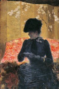 Frau auf rotem Sofa von Giuseppe or Joseph de Nittis