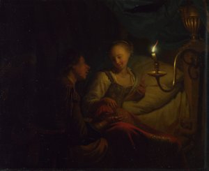 Eine Kerzenszene. Ein Mann bietet einem Mädchen auf einem Bett eine Goldkette und Münzen an, ca. 1665-1667
