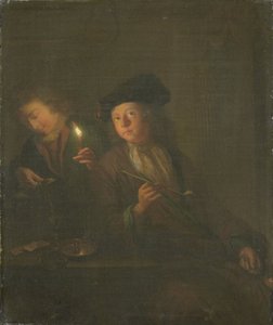 Der Raucher (Ein Mann mit einer Pfeife und ein Mann, der ein Getränk in ein Glas gießt) von Godfried Schalcken (attributed to)