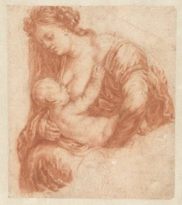 Frau, die ein Kind stillt (Kunstbuch oder Studiealbum von Caspar Netscher) von Godfried Schalcken