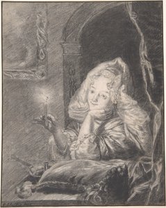 Junge Frau, die an einem Tisch sitzt und eine Kerze hält von Godfried Schalcken