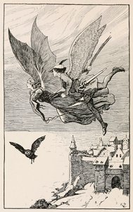 Der Reisegefährte flog hinter ihr her, aus Märchen von Hans Andersen