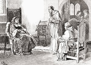 Szene aus William Shakespeares Stück König Heinrich VIII., Akt III, Szene 1, Königin Katharina: Tut, was ihr wollt, meine Herren, und verzeiht mir, wenn ich mich unhöflich benommen habe, aus Die Werke von William Shakespeare, veröffentlicht 1896