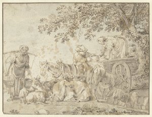 Bauern und Vieh bei einem Bauernwagen von Govert Dircksz. Camphuysen (possibly)