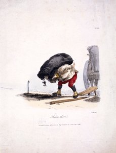 Ansicht eines Kohlenmanns, der einen schweren Sack Kohle von seinem Wagen entfernt von Graf Engelmann Coindet and Company