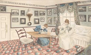 Zwei junge Frauen schreiben und nähen in einem Innenraum in Hatton, Warwickshire, 1820-30