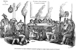 Karikatur von Grandville, die einen Korporal und seine Männer im Salle des Barbes zeigt, die mit einer Dampfmaschine ohne die Hilfe eines Barbiers rasiert werden. In „The picturesque store“ 1835 von Grandville